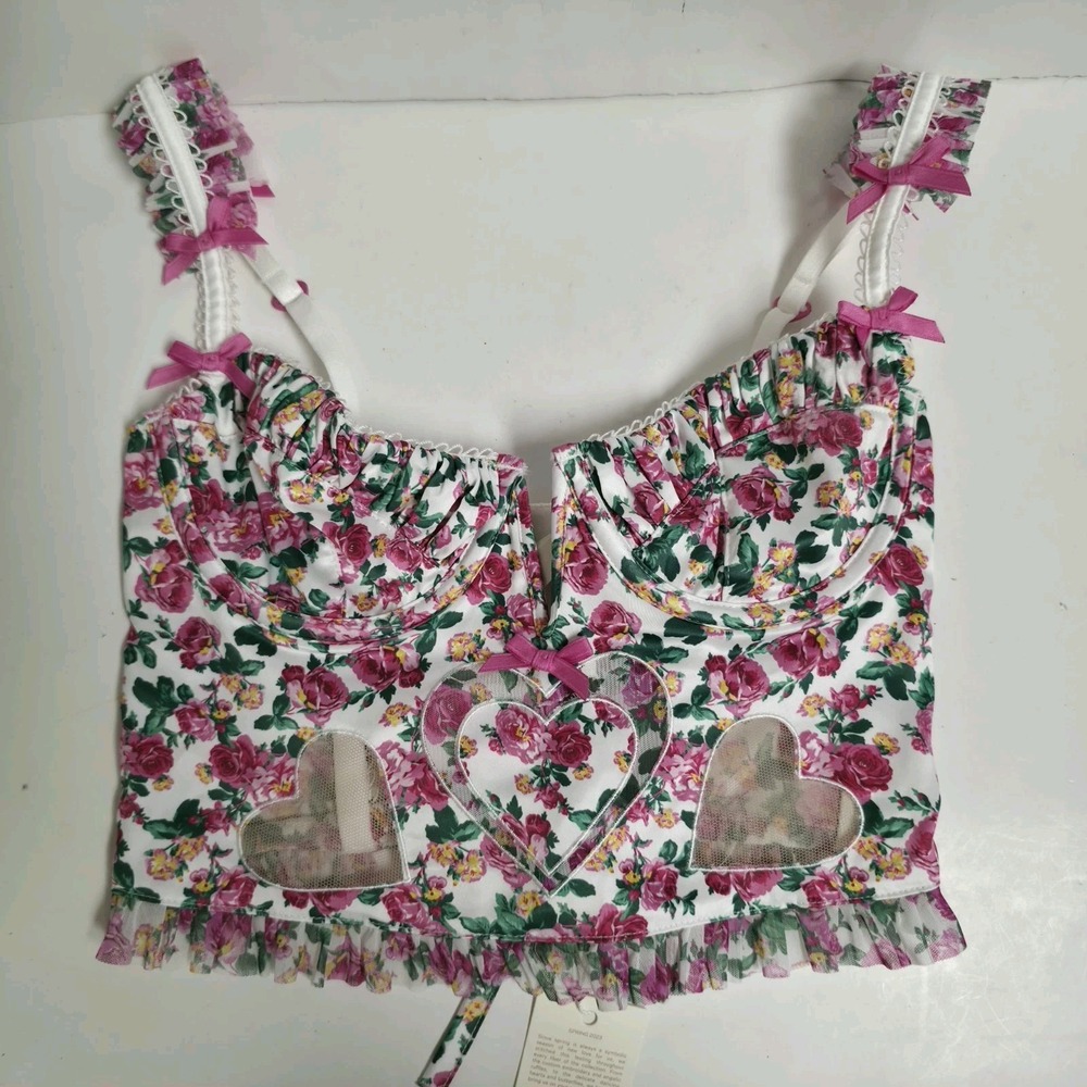 For Love & Lemons Heart Bloom Bustier Top Floral Mesh Cutout Crop Corset XS